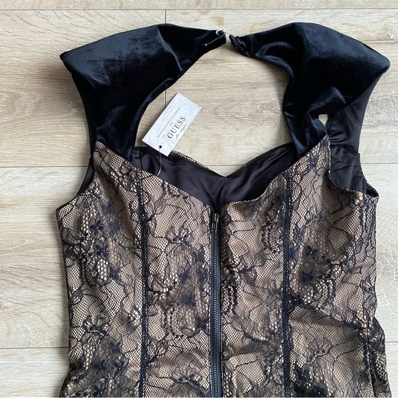 NWT Guess Claudia mini dress lace overlay velvet cap sleeves nude underlining - Picture 7 of 13